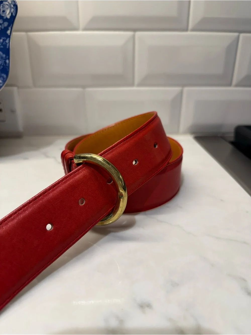COACH Leather Wide Belt with Brass Ring Buckle - Red-31” long by 1.5 wide